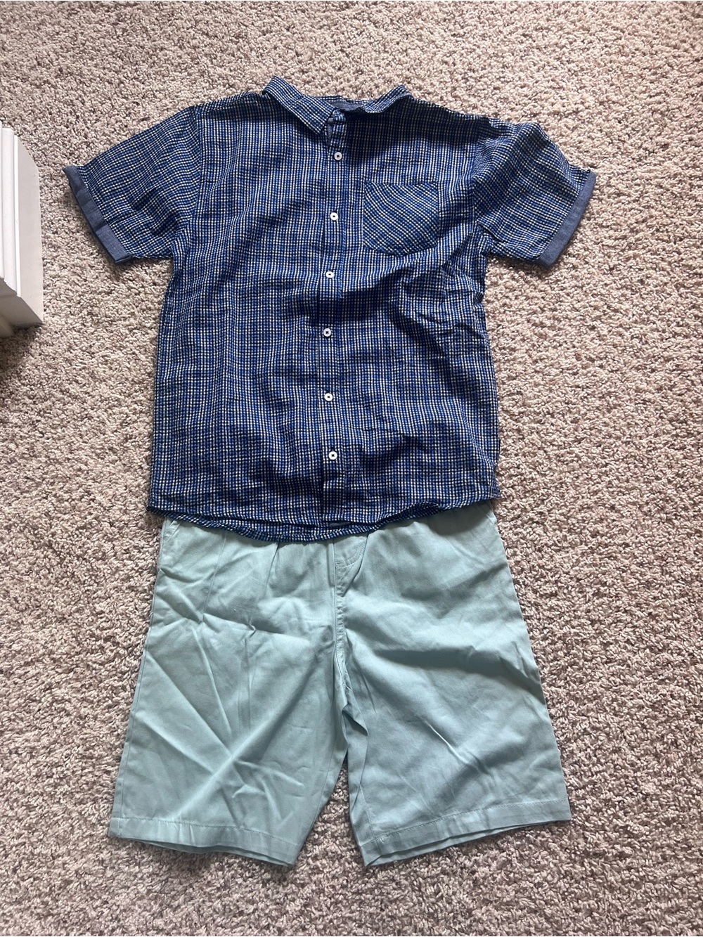 Ben Sherman Blue Checked Short-Sleeve Button-Down with Light Teal Shorts